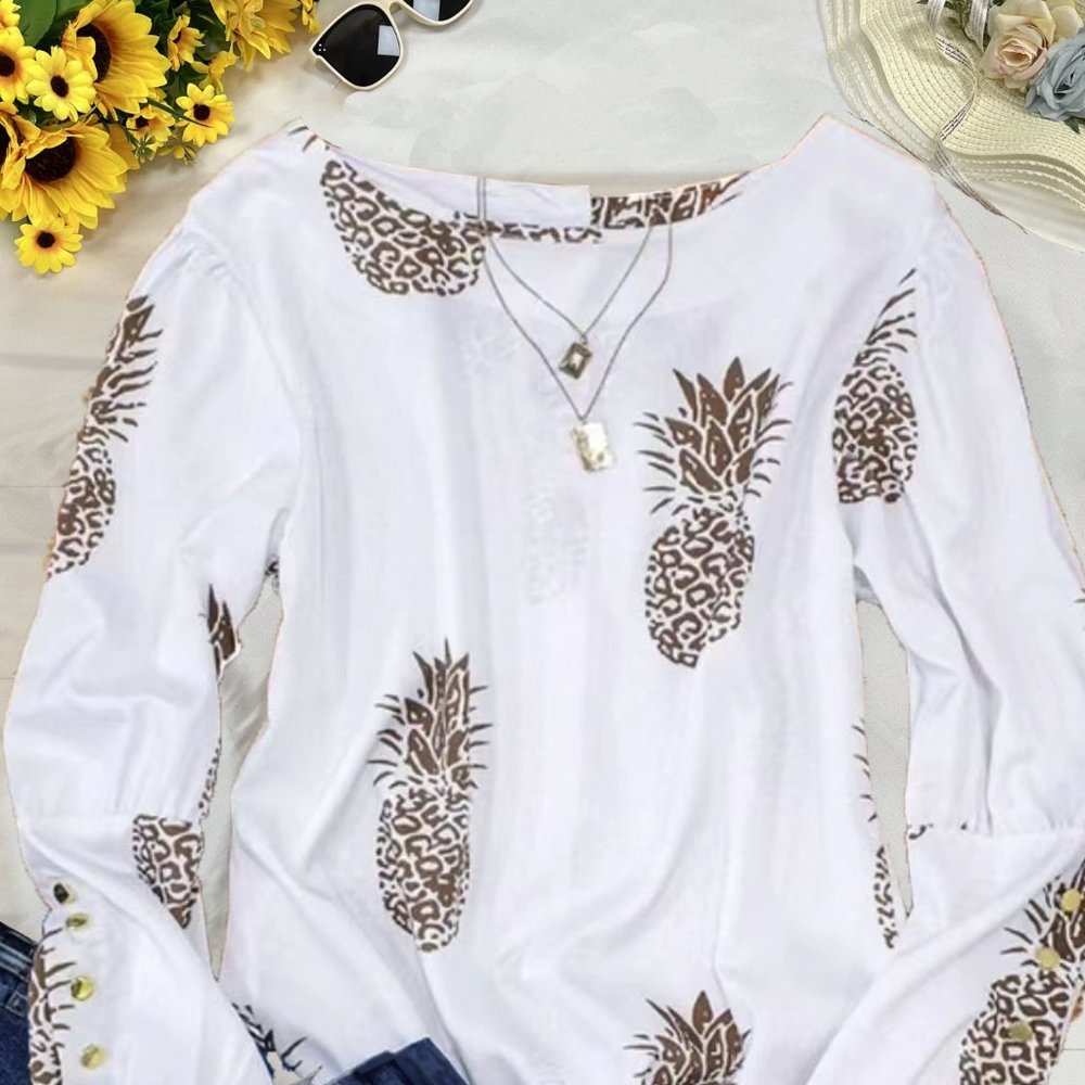 Pineapple Print Crew Neck Blouse - Picture 3 of 8